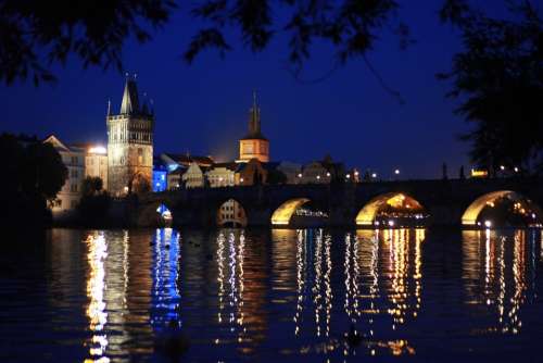 Prague Night Bridges Capital River City Blue