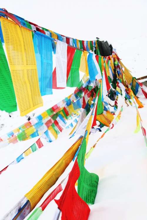 Prayer Flags Tibet In Shergyla Mountain Pass Color
