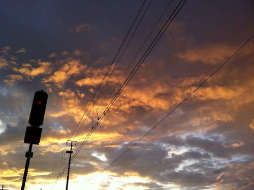 Railway Signal Evening Clouds Sky Sunset