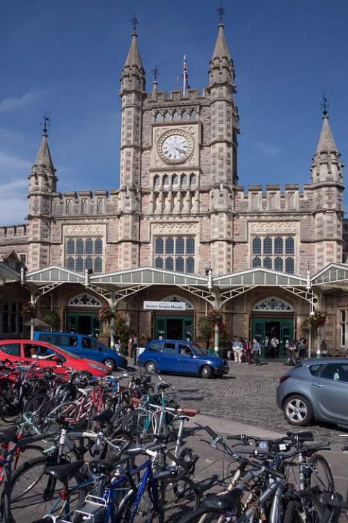 Railway Station Taxi Bicycles Forecourt Clock