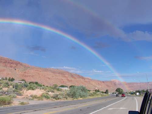 Rainbow Moab Moab Rim Utah Desert Outdoor Clouds