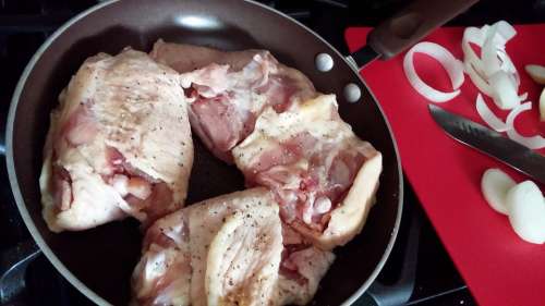 Raw Chicken Fry Pan Cutting Board Onions Chicken