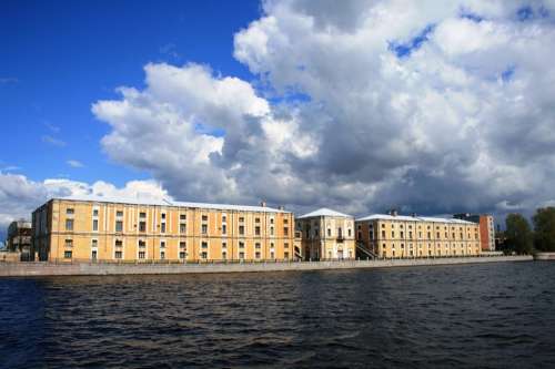River Water Neva Blue Embankment Buildings Cream