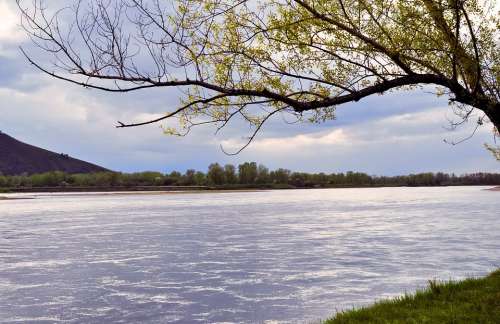 River Landscape Storm Clouds Sky Grass Tree