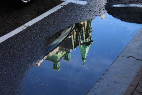 Road Puddle Church Amsterdam Holland Mirror Image