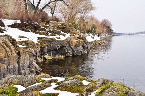 Rock Beach River Snow Nature Landscape