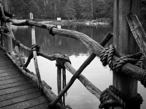 Rope Bridge Water Lake Park Black And White View