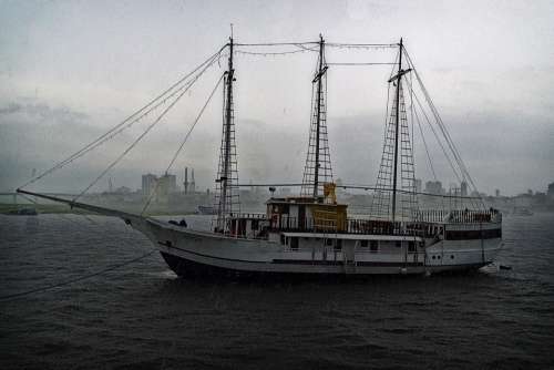 Sail Boat Ship Storm Rain Rain Drops Old Vessel