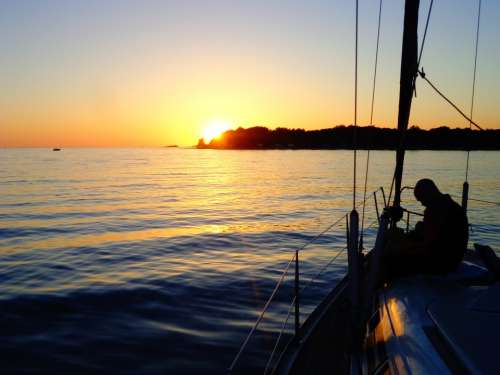 Sailing Boat Sunset Sea Waves Horizon