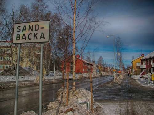 Sandbacka Sweden Town Buildings Sign Sky Clouds
