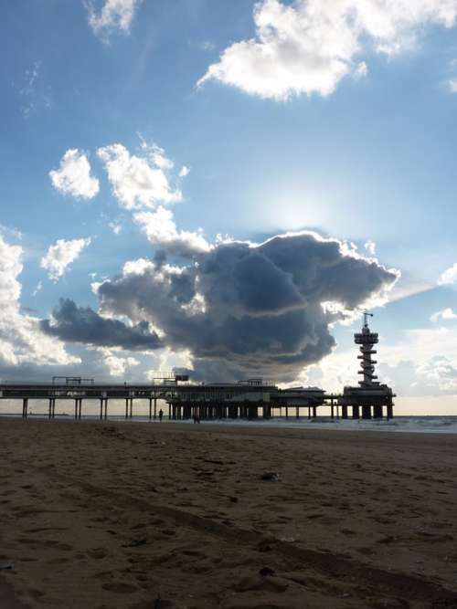 Scheveningen Beach Coast Sea Pier Sand Clouds
