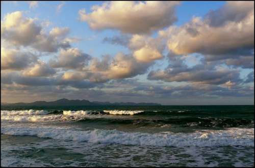 Sea Beach Water Wave Abendstimmung Clouds Sky