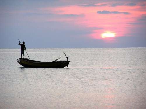 Sea Fishermen Sunset Boat
