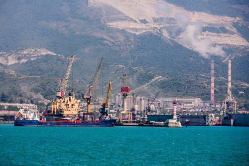 Sea Crane Ship Port Bay Mountains Loading