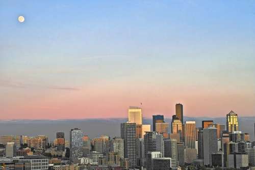 Seattle Skyline Moon Sunset