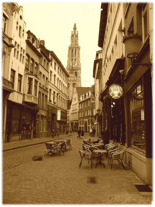 Sepia Old Cobble Stone Street Antwerp Belgium