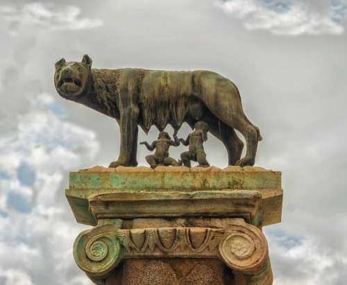 Shewolf Romulus Remus Statue Sky Clouds Artwork