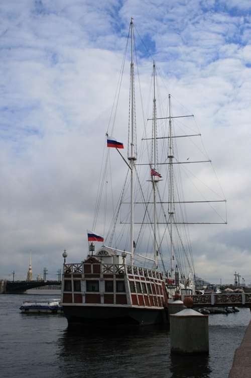 Ship Sailing Masts Flags Russian River Water