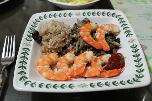 Shrimp Cooking Fusion Cuisine Food Rice Mushrooms