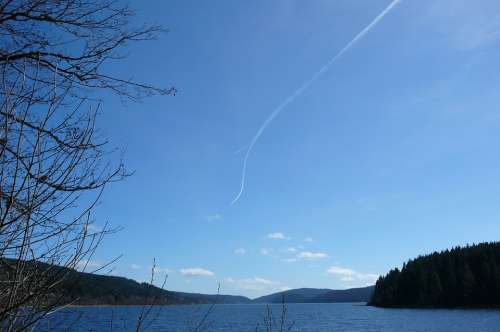 Sky Contrail Clouds Blue Clear Sunny Water Bank