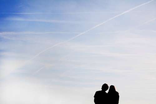 Sky Pair Couple Blue Human Silhouette Contrail