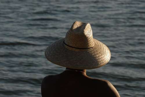 Straw Hat Man Sea Sunlight Sunset Holiday Summer
