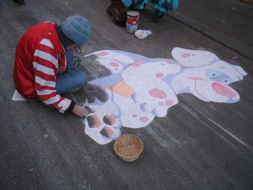 Street Art Graffiti Man Drawing Dog Sidewalk