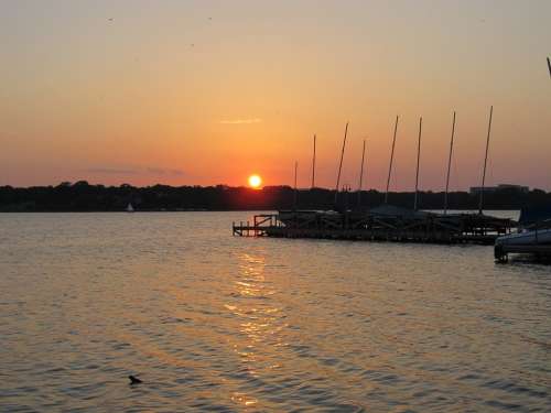Sundown Lake Water Dusk Boats Dock Sunset