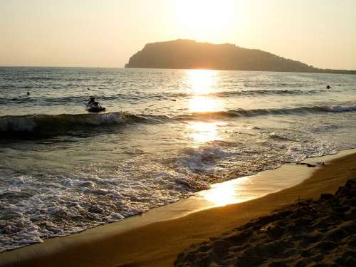 Sunset Beach Light Cliff Sea Jetski Water