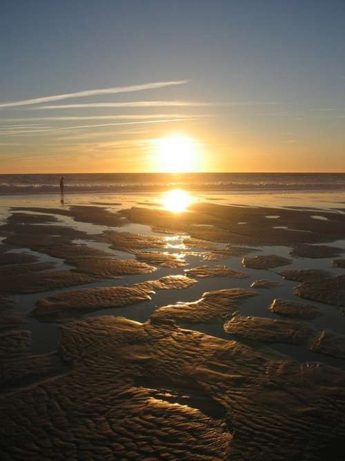 Sunset Backlighting Sea Beach Ebb Sand Sandbanks