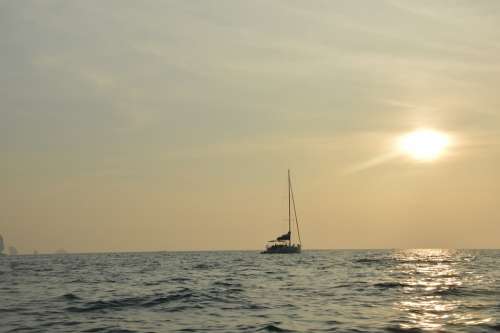 Sunset Ship Evening Sky Sea Sun Lichtspiel Water