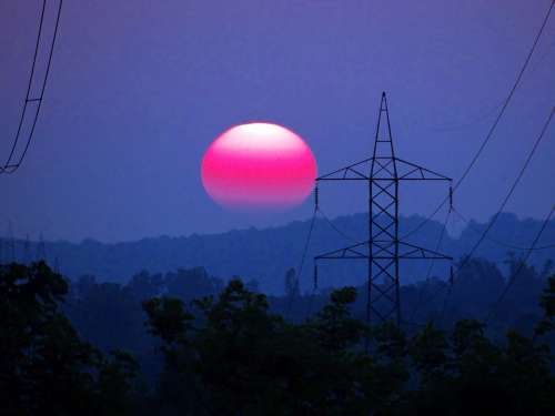 Sunset Electric Pylon Electric Tower Mountains