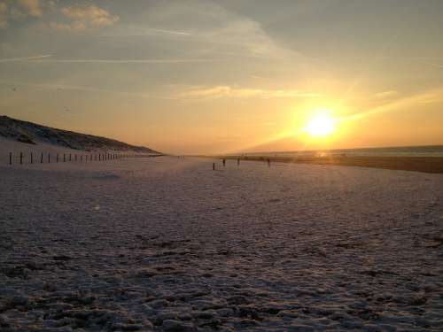 Sunset Dutch Beach The Netherlands Snow