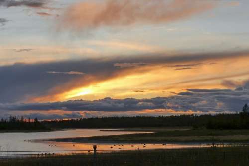 Sunset Lake Mountain Evening Water Clouds