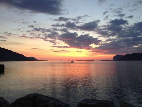 Sunset Fosnavåg Norway Sea Fishing Boat Light