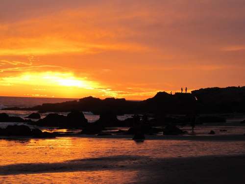 Sunset Beach Rocks Cliffs Silhouettes Landscape