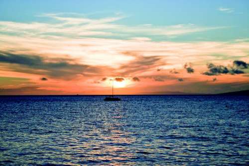 Sunset Ocean Lake Boat Water Leisure Scenic