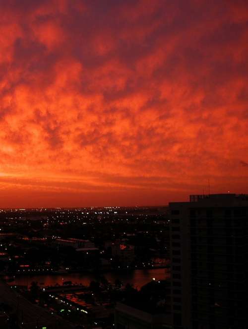 Sunset City Sky Red Clouds Night