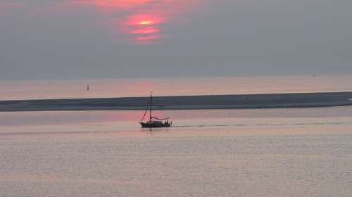 Sunset Boat Mood Afterglow Sea Borkum