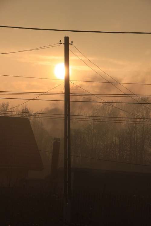 Sunset Smoke Chimney Power Lines Mist Winter