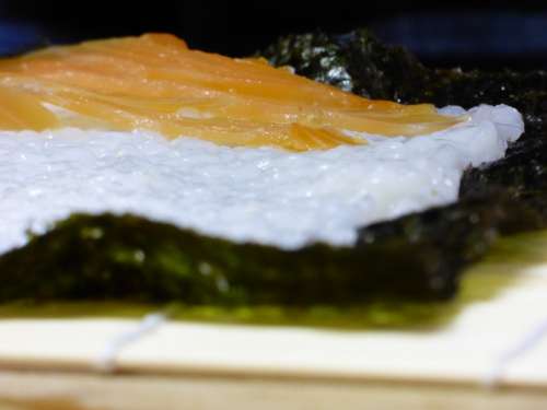 Sushi Salmon Fish Wood Japan Food Bamboo Algae