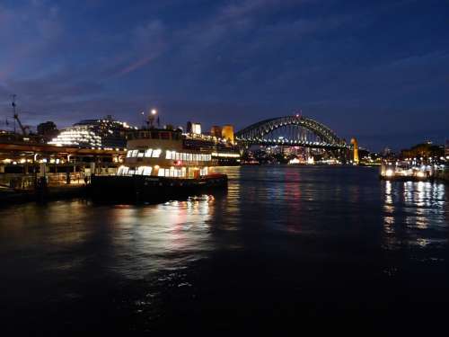 Sydney Port Boats Bridge Harbour Bridge Night