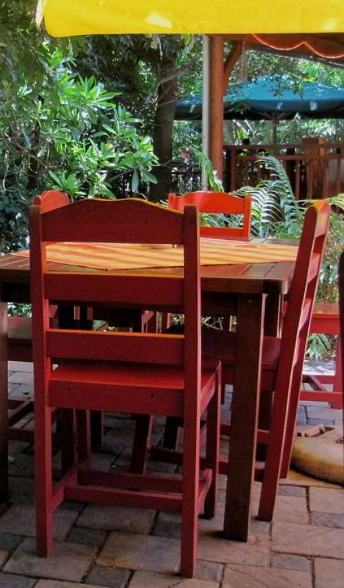 Table Chairs Wood Red Paving Sunshade Yellow