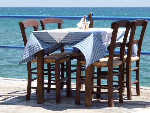 Table Wood Seat Chair Sea Blue Summer Vacations