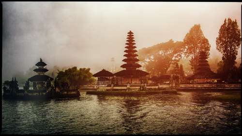 Temple Bali Lake Fog Travel Indonesia