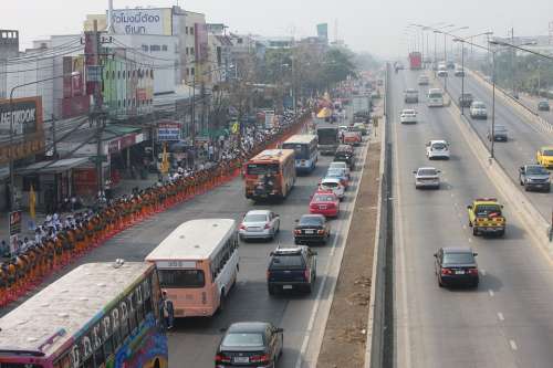 Thailand Street Traffic Monks Walking Cars Road