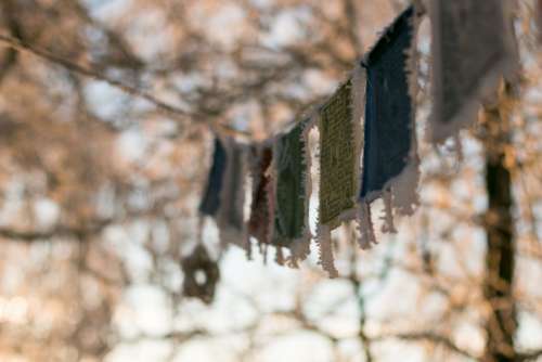 Tibetan Prayer Flags Winter Frozen Morning Sunrise