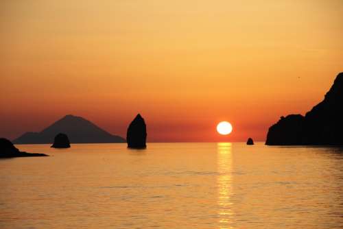 Vulcano Aeolian Islands Sunset Sicily Sea Rock