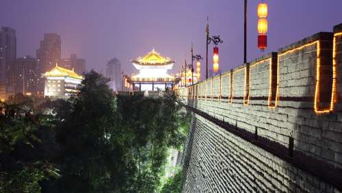 Wall China Night Lights Pagoda Urban Xi'An