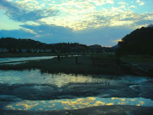 Water Low Tide Reflection Clouds Sunset Evening